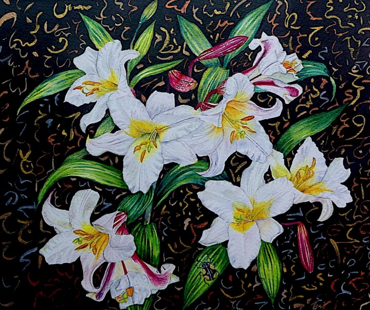 Malarstwo zatytułowany „Lillies Still Life” autorstwa Elizabeth Sadler, Oryginalna praca, Akwarela