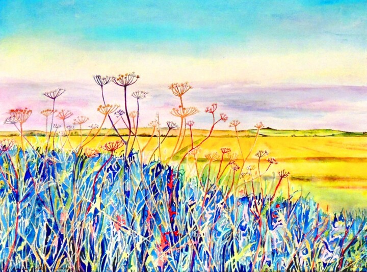 Peinture intitulée "Late Summer Fields" par Elizabeth Sadler, Œuvre d'art originale, Aquarelle