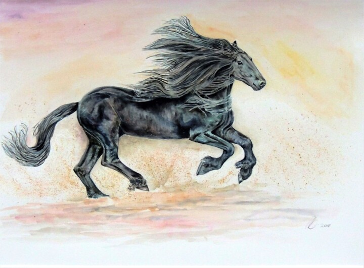 Картина под названием "Fine Black Horse" - Elizabeth Sadler, Подлинное произведение искусства, Акварель