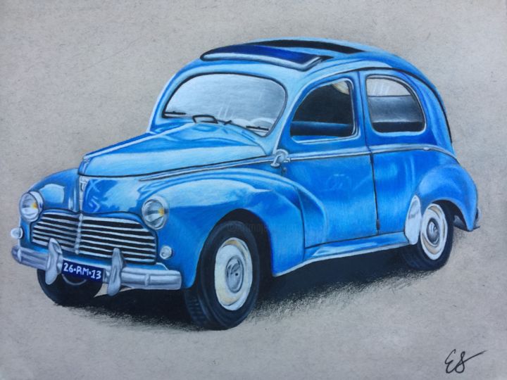 Drawing titled "Vintage blue car" by Elizabeth Saucedo, Original Artwork