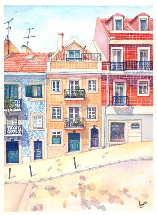 Painting titled "Португальские домики" by Elizabeth Shamina, Original Artwork, Watercolor