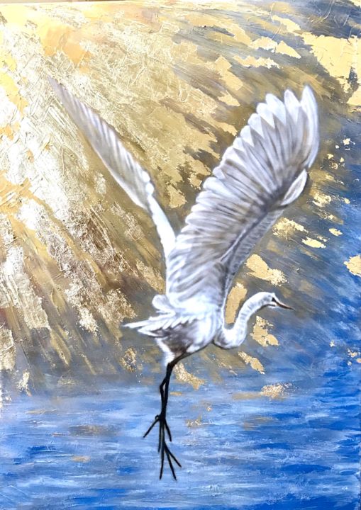 Картина под названием "Белая Цапля" - Елизавета Вершинина, Подлинное произведение искусства, Акрил Установлен на Деревянная…