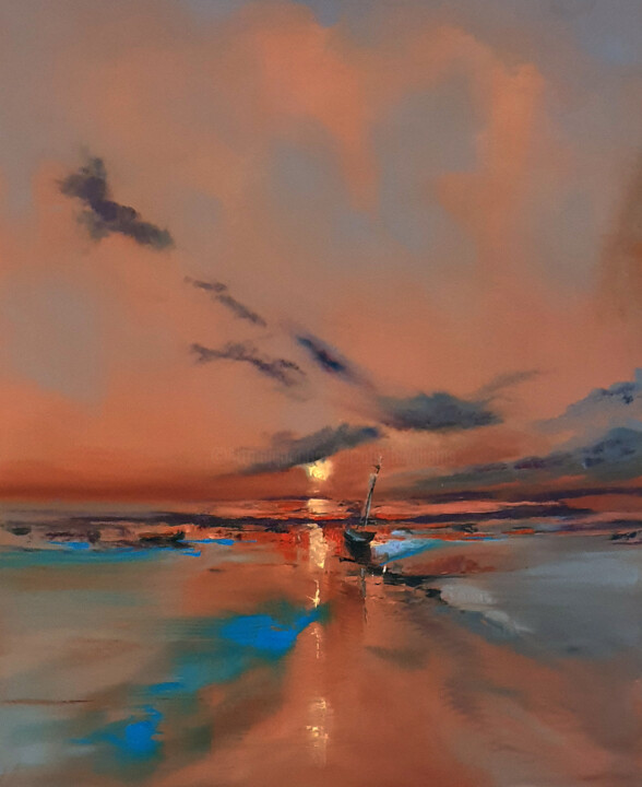Painting titled "Shoreline Sunset" by Elizabeth Williams, Original Artwork, Oil