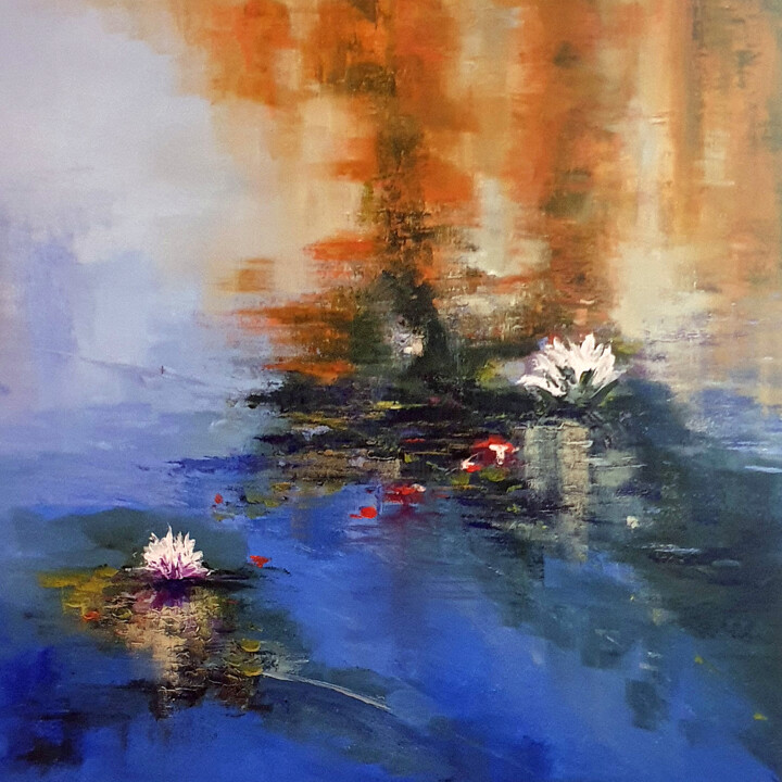 Painting titled "WATERLILIES 5" by Elizabeth Williams, Original Artwork, Oil Mounted on Wood Stretcher frame
