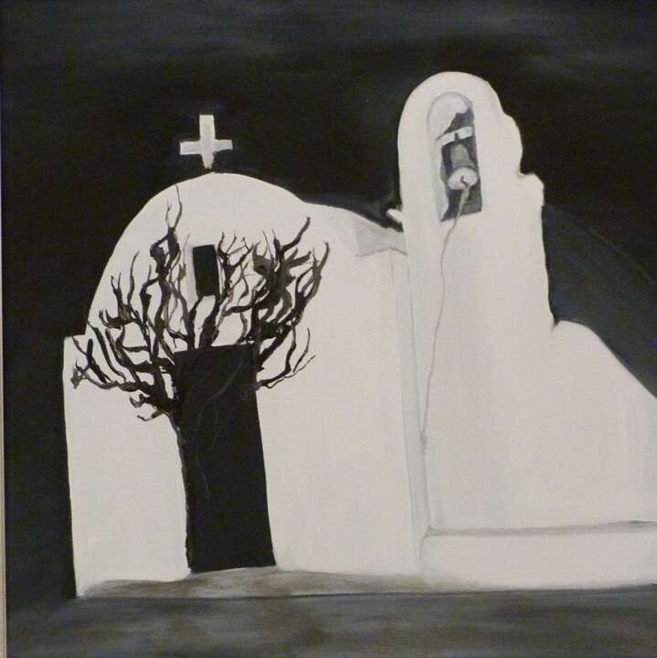 Painting titled "Santorini church" by Eliza Matica, Original Artwork, Oil Mounted on Wood Stretcher frame