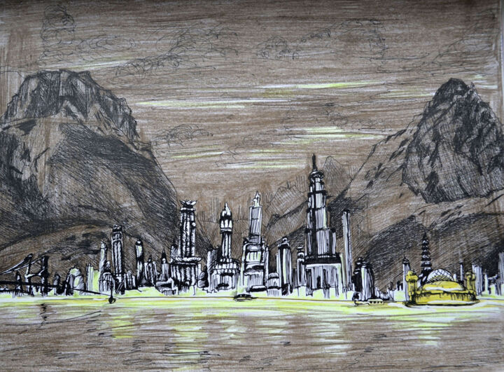 Dessin intitulée "city ​​of dreams" par Elizaveta Petrova, Œuvre d'art originale, Crayon