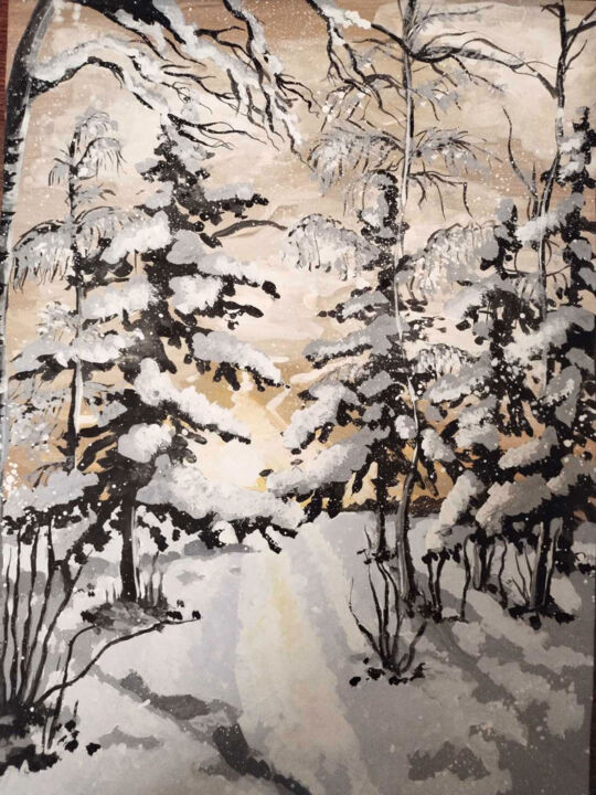 Drawing titled "winter forest at su…" by Elizaveta Petrova, Original Artwork, Gouache