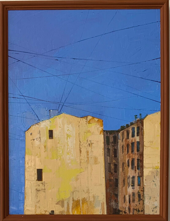 Картина под названием "Картина маслом крыш…" - Елизавета Пугачева, Подлинное произведение искусства, Масло Установлен на Дер…