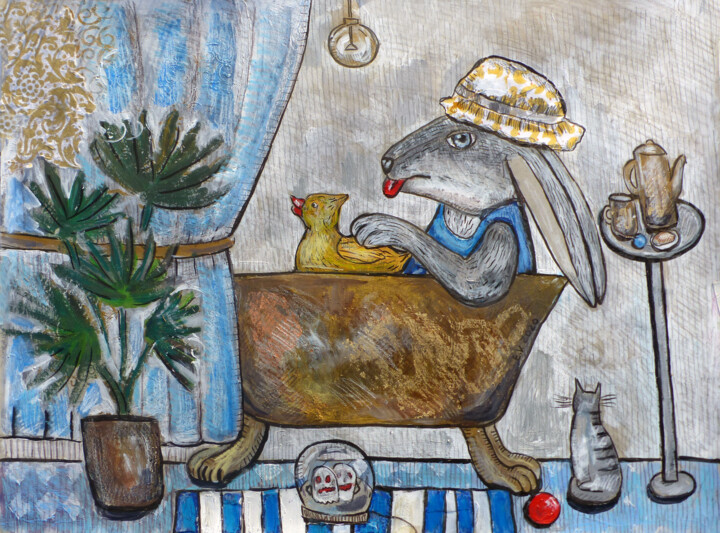 Painting titled "Bunny in the bathro…" by Elizaveta Vlasova, Original Artwork, Acrylic
