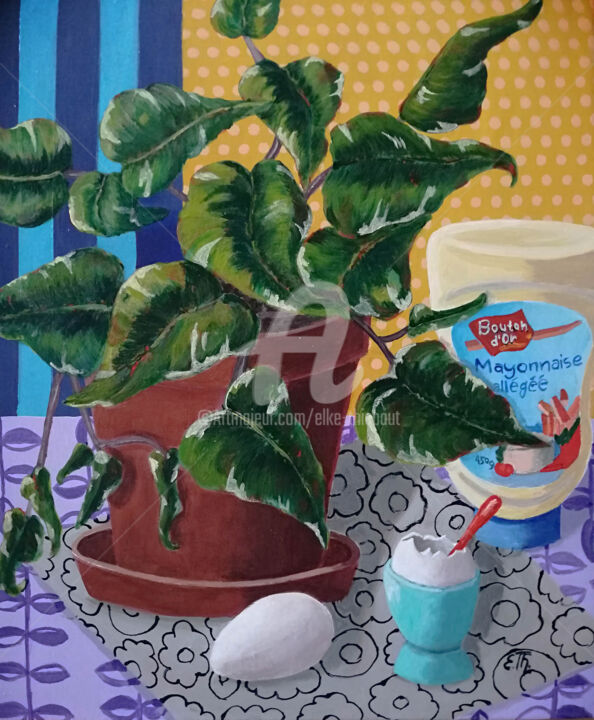 Painting titled "Still Life with Eggs" by Elke Thiébaut, Original Artwork, Acrylic Mounted on Wood Stretcher frame