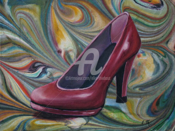 Peinture intitulée "Red Shoe" par Elke Thiébaut, Œuvre d'art originale, Acrylique
