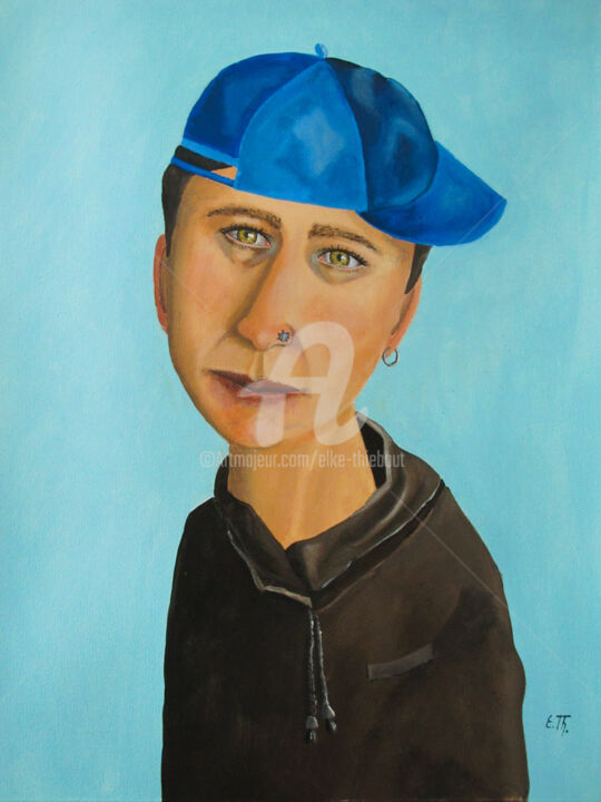 Painting titled "La Casquette bleue" by Elke Thiébaut, Original Artwork, Acrylic