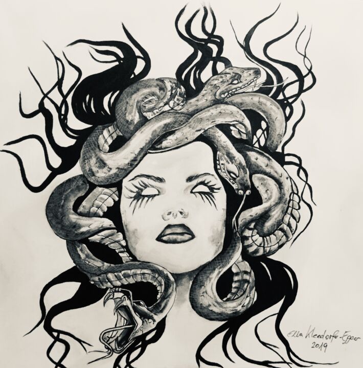 Malerei mit dem Titel "Medusa Acryl Tusche" von Ella Kleedorfer-Egger, Original-Kunstwerk, Kohle