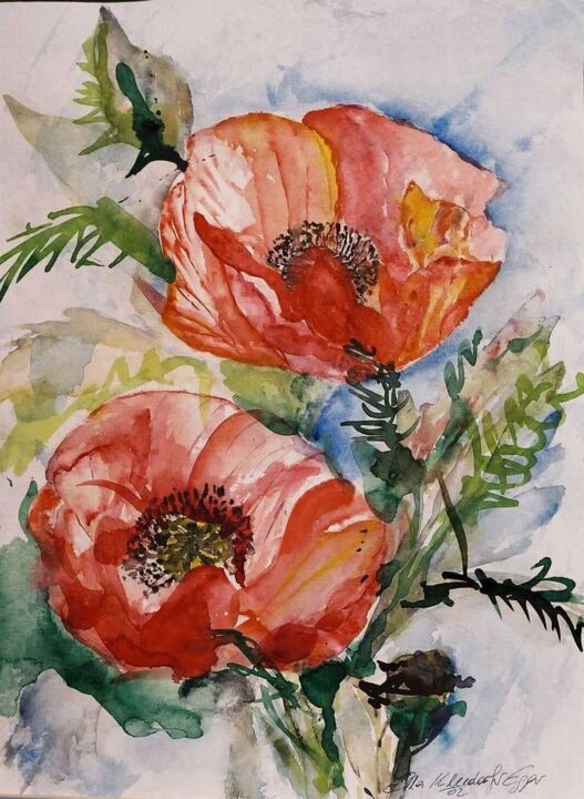 Painting titled "2004 Mohnblüten Aqu…" by Ella Kleedorfer-Egger, Original Artwork, Watercolor