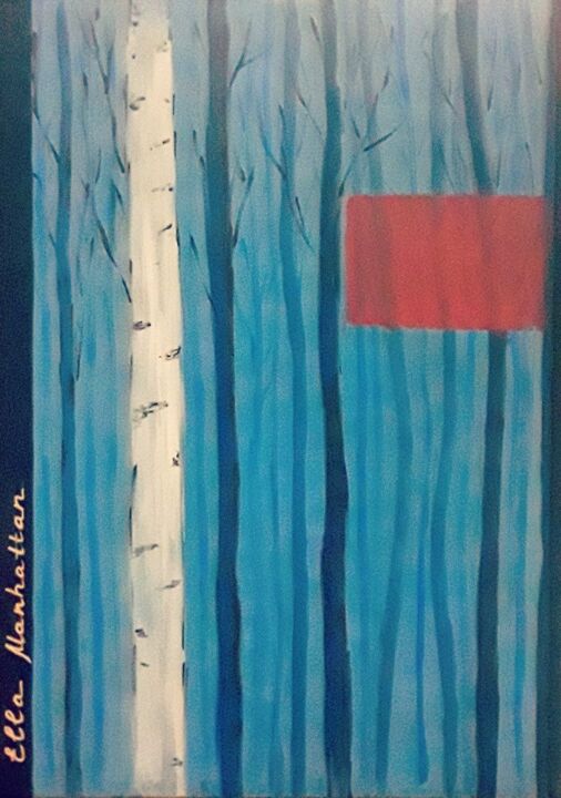 Painting titled "Blue foggy forest" by Ella Manhattan, Original Artwork, Acrylic