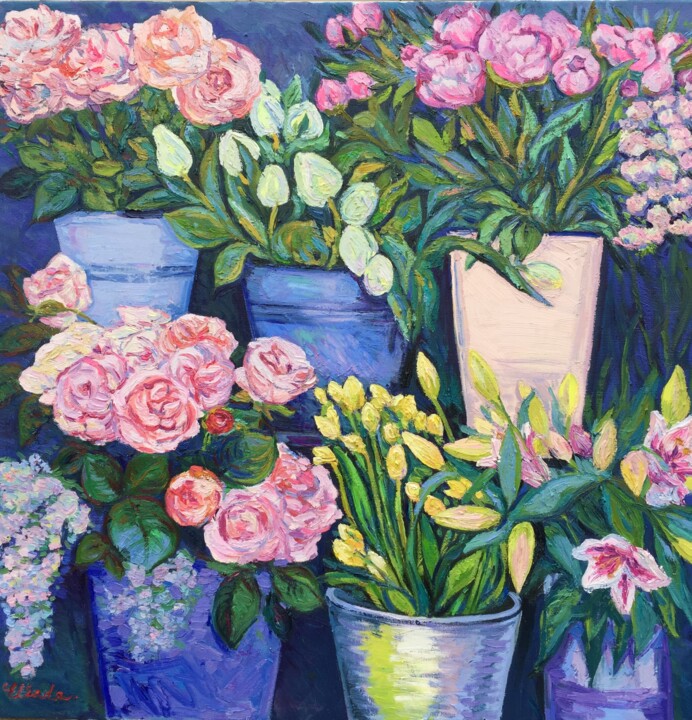 Картина под названием "Liberty flower shop" - Ellada Ismayil, Подлинное произведение искусства, Масло Установлен на Деревянн…