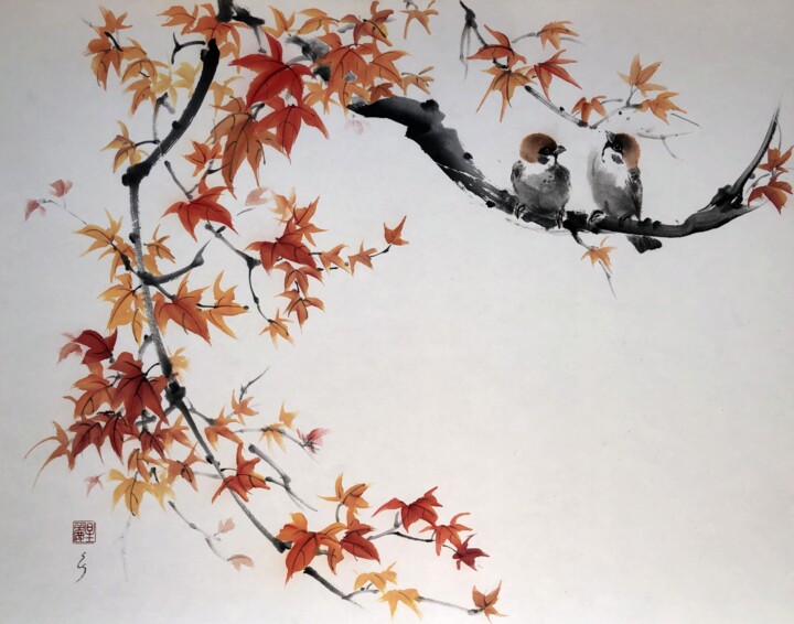 Painting titled "sparrows on a maple…" by Ellada Saridi, Original Artwork, Ink