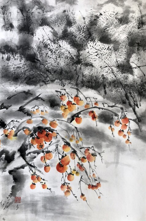 Painting titled "persimmon in snow" by Ellada Saridi, Original Artwork, Ink