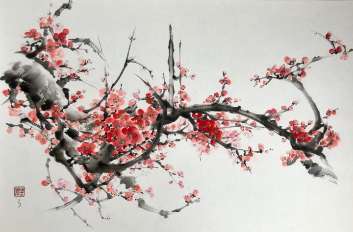 Painting titled "Plum blossoms" by Ellada Saridi, Original Artwork, Ink