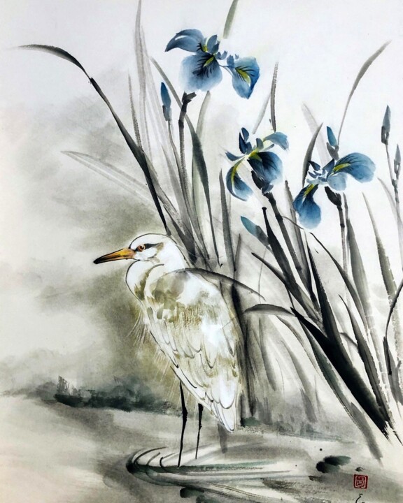 Painting titled "White heron and iri…" by Ellada Saridi, Original Artwork, Ink