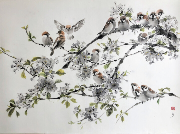 Schilderij getiteld "Sparrows on a bloss…" door Ellada Saridi, Origineel Kunstwerk, Inkt