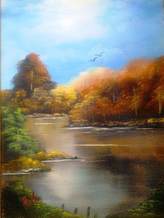 Painting titled "Autumn Lake" by Ellen Keane, Original Artwork, Oil