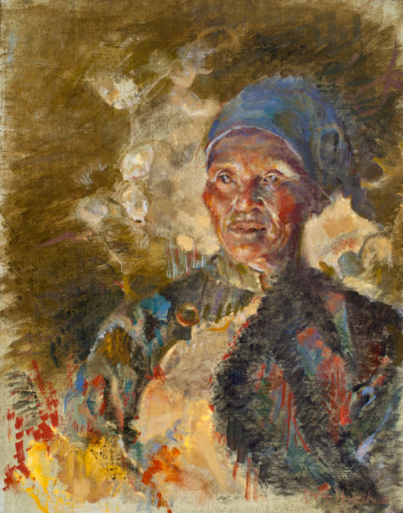 Malerei mit dem Titel "Firelit Woman" von Ellen Dreibelbis, Original-Kunstwerk, Öl