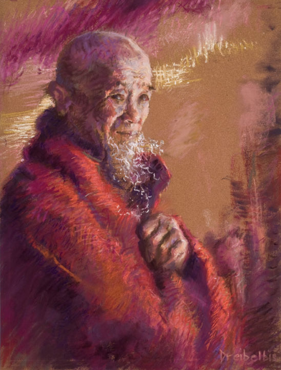 Schilderij getiteld "Portrait of a Monk" door Ellen Dreibelbis, Origineel Kunstwerk, Pastel