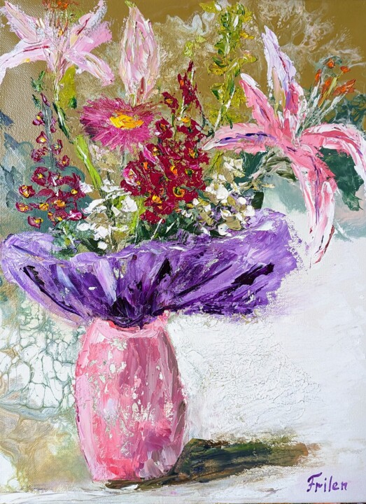 Malerei mit dem Titel "Blühende Komposition" von Ellen Frischbutter, Original-Kunstwerk, Öl
