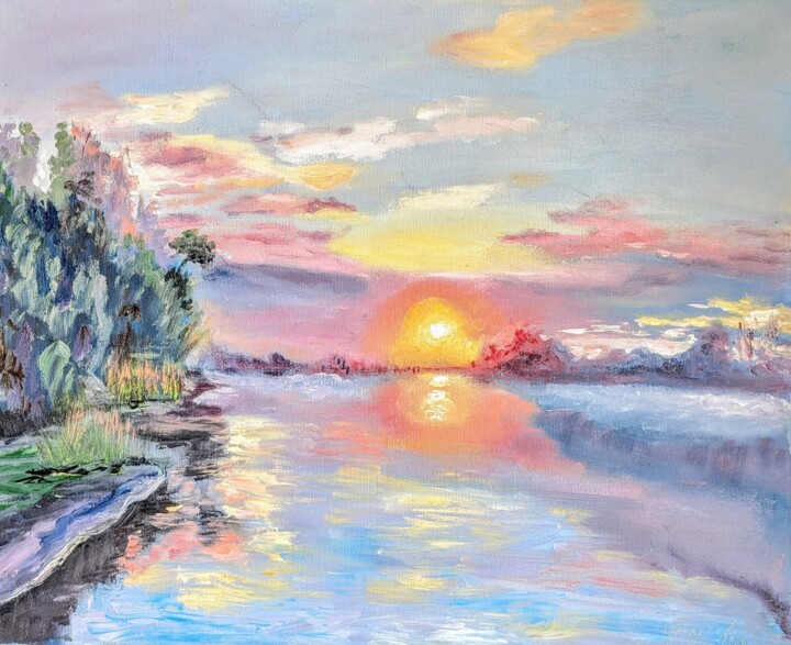 Malerei mit dem Titel "Sonnenuntergang am…" von Ellen Frischbutter, Original-Kunstwerk, Öl