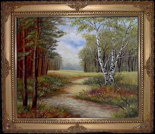 Painting titled "Kiefernwald mit Bir…" by Ellen Gläsmann, Original Artwork, Oil