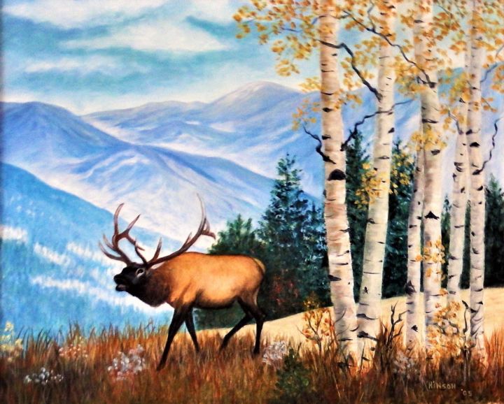 Malerei mit dem Titel "Elk in the Aspens A…" von Ellen Hinson, Original-Kunstwerk, Öl Auf Keilrahmen aus Holz montiert