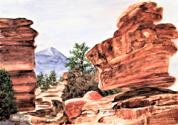 Malerei mit dem Titel "Balanced Rock" von Ellen Hinson, Original-Kunstwerk, Aquarell