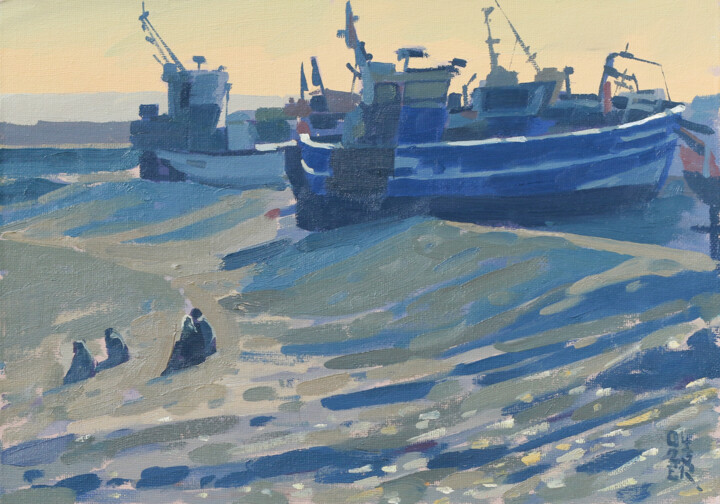 Painting titled "Beached Boats, Hast…" by Elliot Roworth, Original Artwork, Oil Mounted on Cardboard