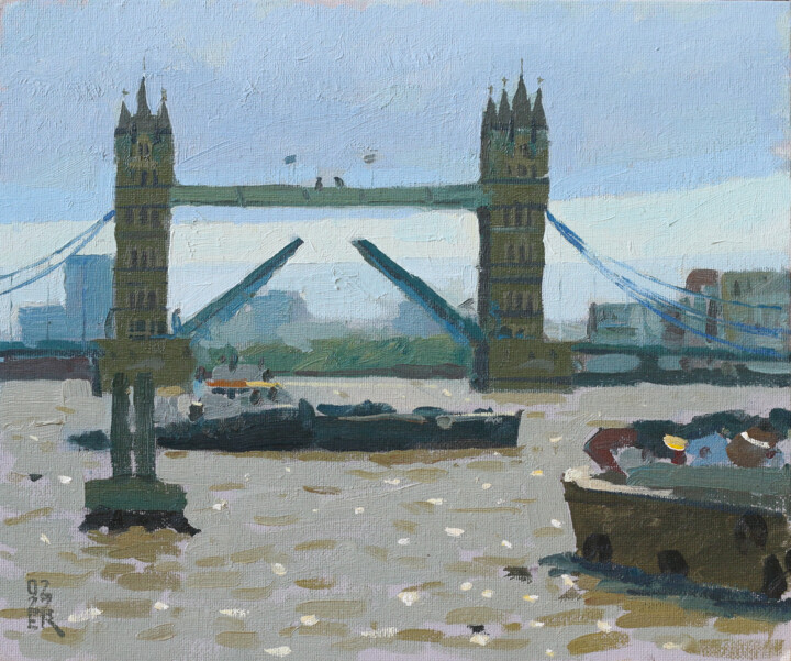 Painting titled "Tower Bridge, Midda…" by Elliot Roworth, Original Artwork, Oil Mounted on Cardboard