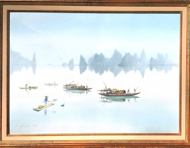 Painting titled "Paysage de Chine" by Ellis Zbinden, Original Art, Watercolor