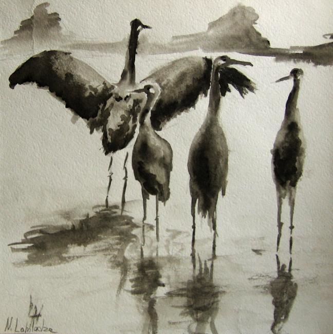 Dessin intitulée "The cranes" par Nina Lobiladze, Œuvre d'art originale