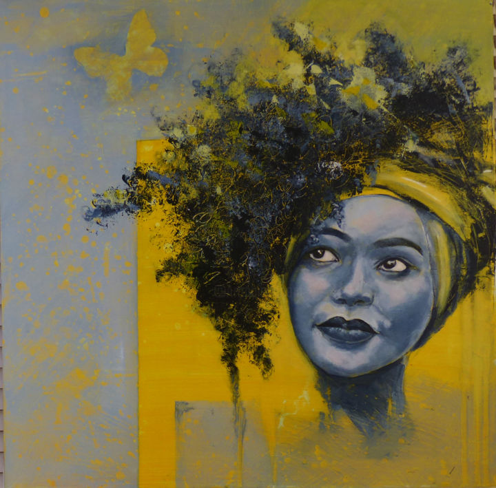 Painting titled "L'ENVOL EN JAUNE" by Elma Sanchez Le Meur, Original Artwork, Acrylic Mounted on Wood Stretcher frame