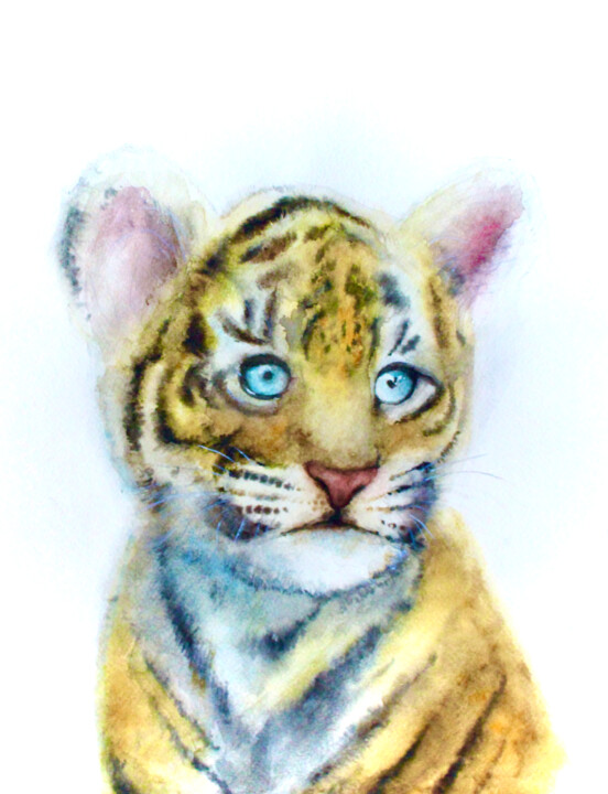 Disegno intitolato "Baby Tiger (Waterco…" da Elmira Sharipova, Opera d'arte originale, Acquarello