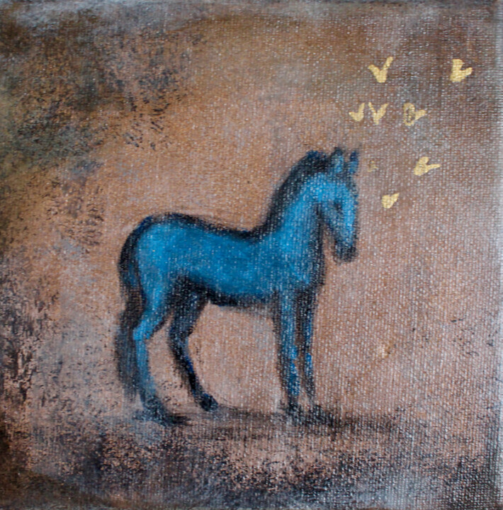 Painting titled "Little blue horse" by Elmira Sharipova, Original Artwork, Acrylic Mounted on Wood Stretcher frame
