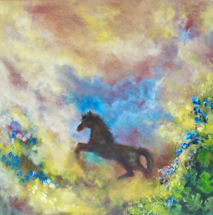Painting titled "Arion horse" by Elmira Sharipova, Original Artwork, Oil Mounted on Wood Stretcher frame