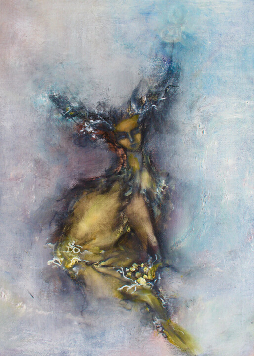 「Forest sphinx」というタイトルの絵画 Elmira Sharipovaによって, オリジナルのアートワーク, オイル ウッドストレッチャーフレームにマウント