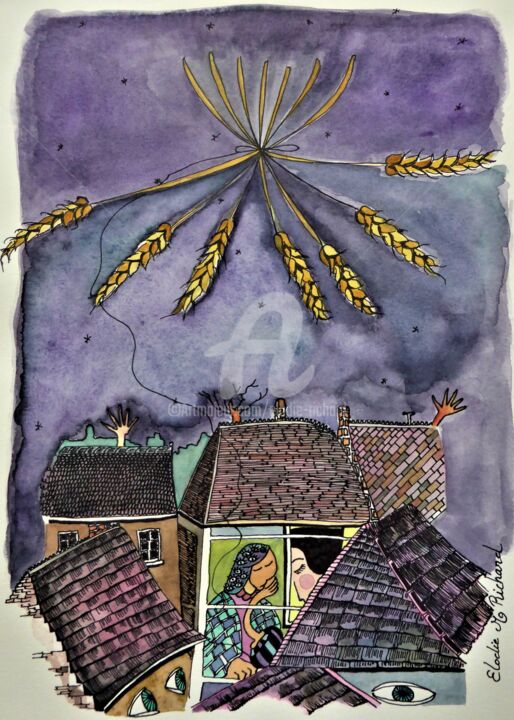 Painting titled "« The Harvest Dream…" by Elodie M. Richard, Original Artwork, Watercolor