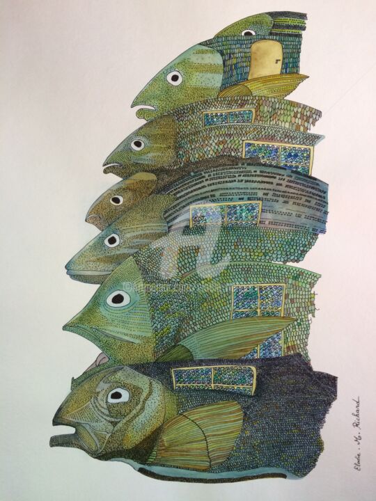 Painting titled "Fish House" by Elodie M. Richard, Original Artwork, Watercolor