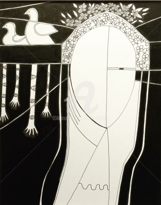 Zeichnungen mit dem Titel "The Bird Woman" von Elodie M. Richard, Original-Kunstwerk, Tinte