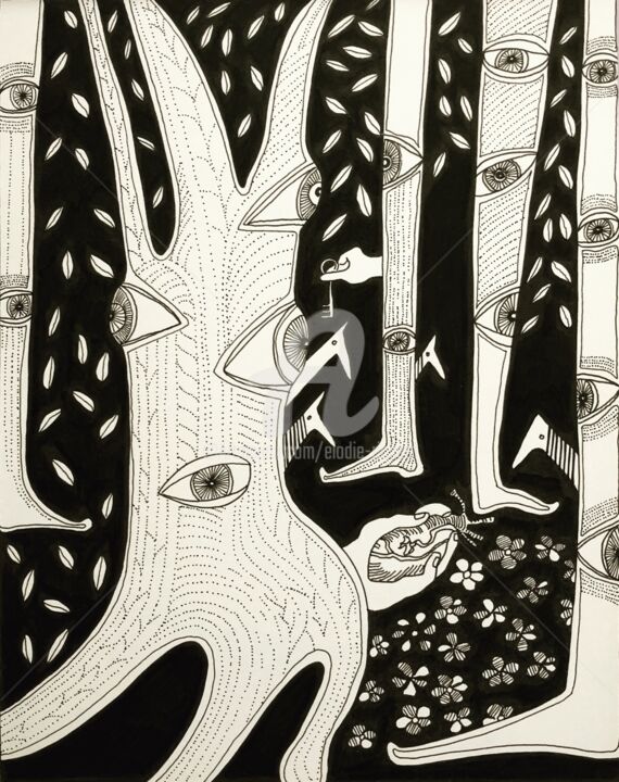 Dessin intitulée "Heart of the Forest" par Elodie M. Richard, Œuvre d'art originale, Encre