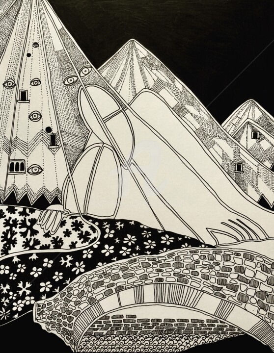 Desenho intitulada "The Bridge" por Elodie M. Richard, Obras de arte originais, Tinta