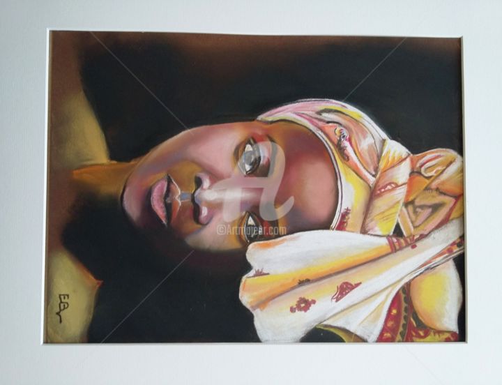 Dessin intitulée "jeune femme au foul…" par Elodie Bougon, Œuvre d'art originale, Pastel