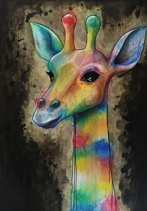Painting titled "Girafe portrait" by Eloprgn, Original Artwork, Ink