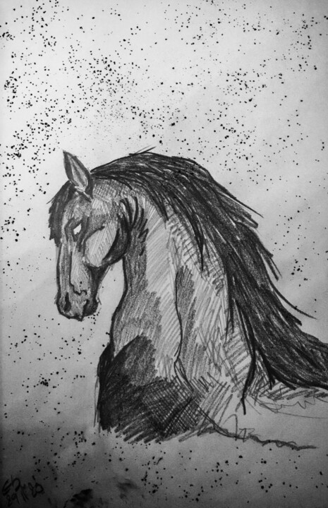 Dessin intitulée "Dark horse" par Els Devrieze (ArtED Studio), Œuvre d'art originale, Crayon